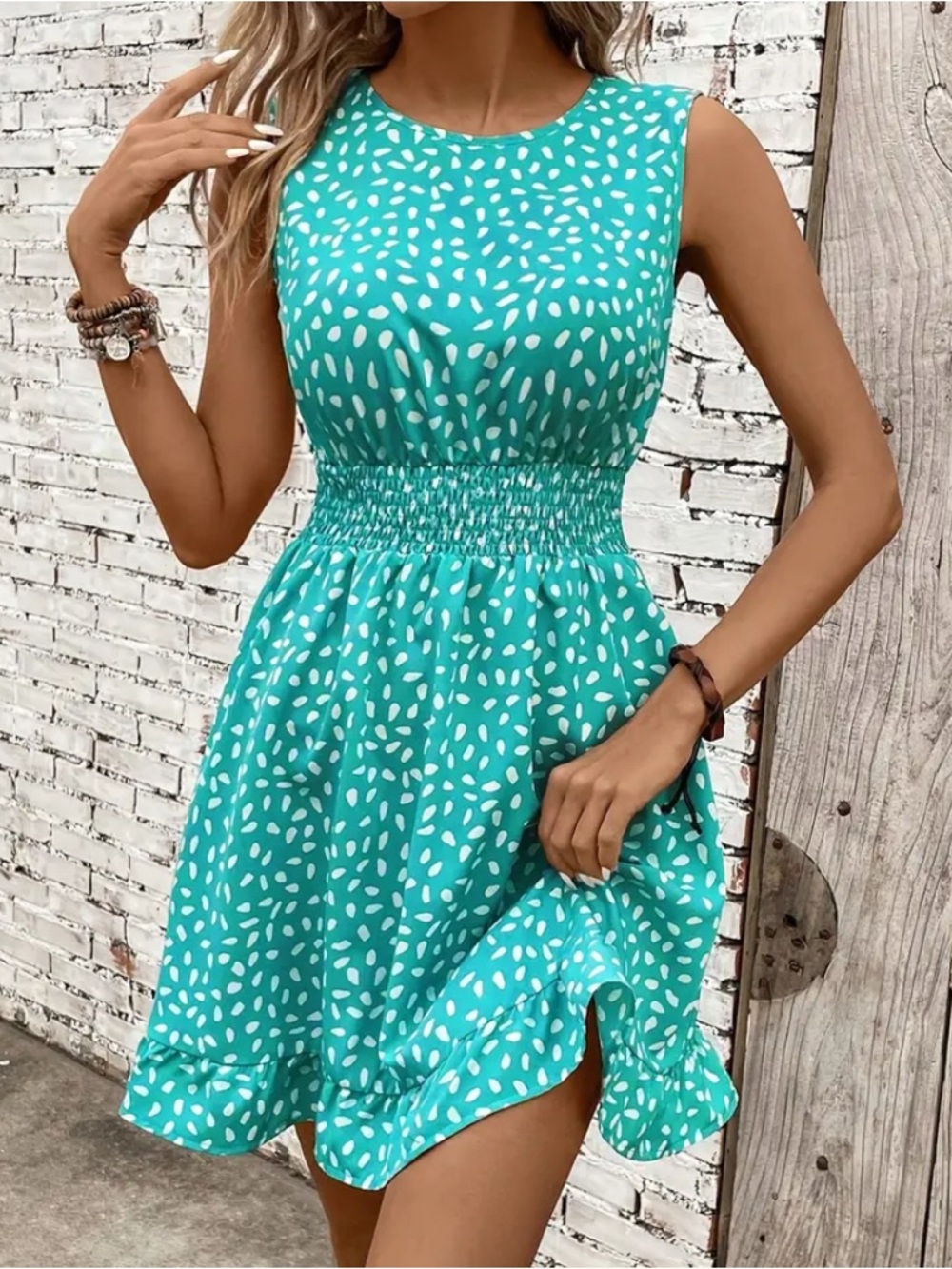ABSTRACT DOT Teal & White Smocked-Waist Mini Dress - Picture 1 of 6